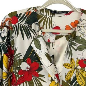 Zara Basic Floral Print Blouse Medium 3/4 Sleeve Top Ivory Red Green